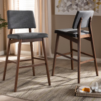 Baxton Studio Colton-Dark Grey-BS Colton Mid-Century Modern Dark Gray Fabric Upholstered and Walnut-Finished Wood Bar Stool Set of 2